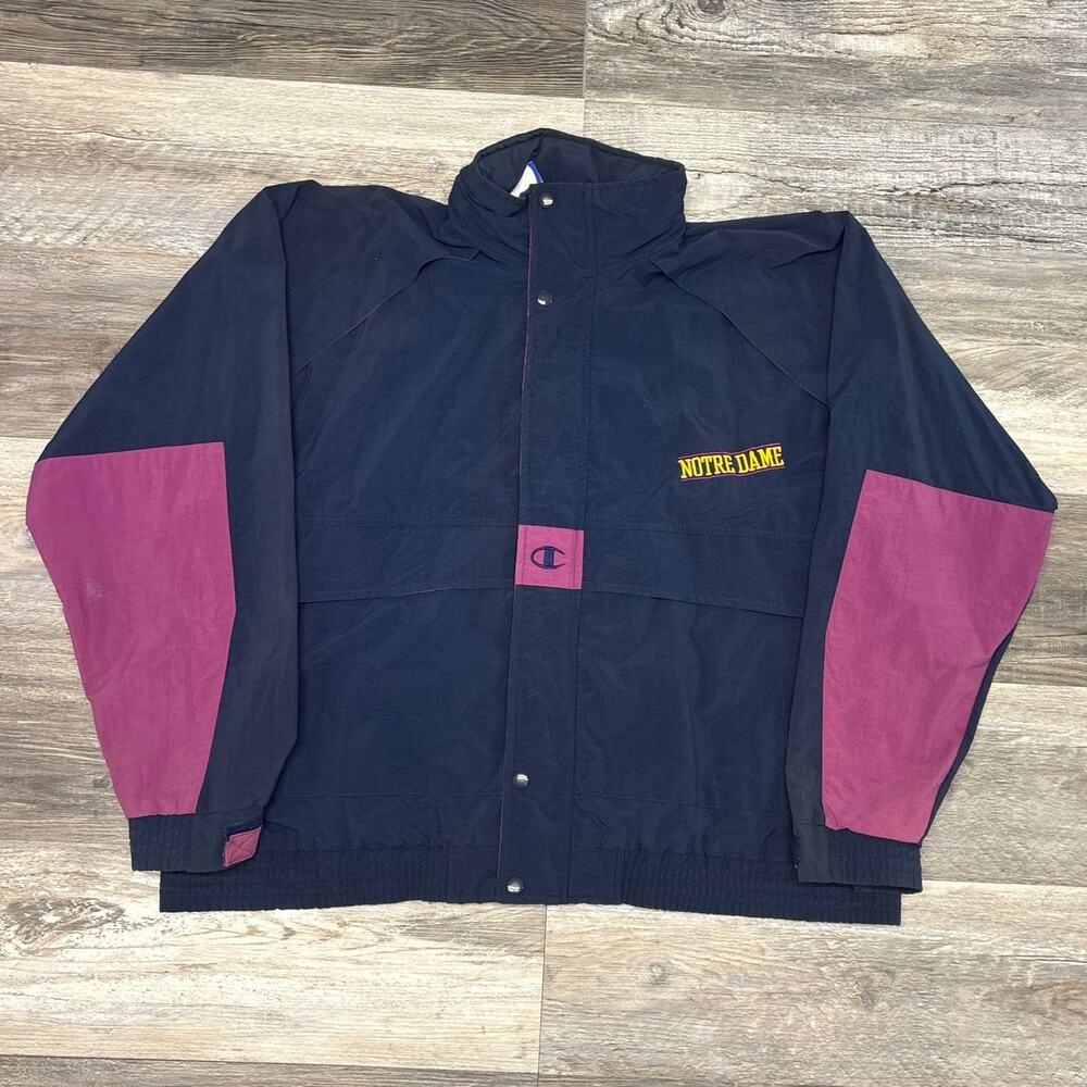 Vintage 90s Champion Notre Dame Blue Mens XL Hooded Nylon Windbreaker Jacket